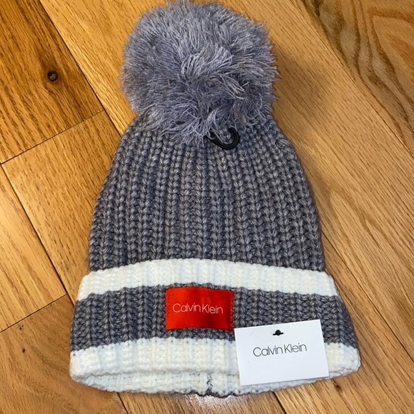 NEW Calvin Klein grey/red beanie with pom - Picture 1 of 3